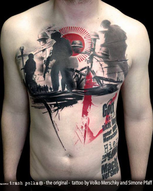 Home » Chest Tattoos » Soldiers at war tattoo on chest