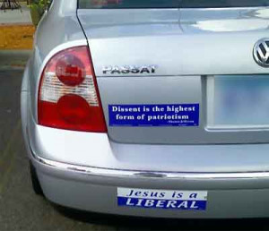 From the grocery store parking lot, my favorite bumpersticker combo of ...