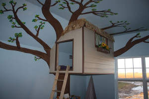 Custom made indoor tree house with tree mural, cloud walls and ceiling ...