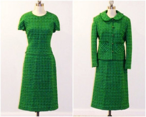 1960s green tweed dress suit 3pc vintage 60s wool skirt shell top ...
