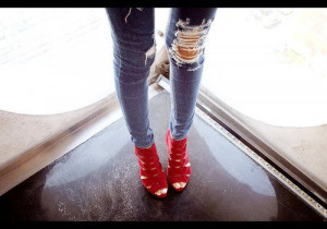 fashion, heels, high, high heels, jeans, legs, red, style