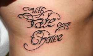 with fate comes choice in a flashy font tattooed on ribcage