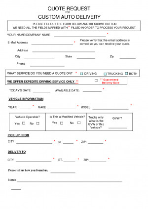 QUOTE REQUEST CUSTOM AUTO DELIVERY