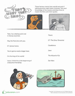 Fifth Grade The Arts Worksheets: Famous Movie Quotes Match-Up