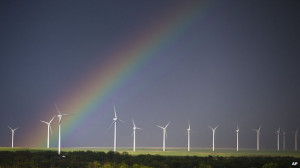 Rainbow over windfarm in Kansas