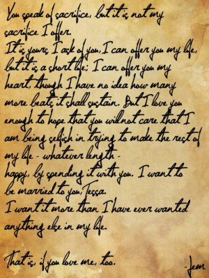 ... proposal to Tessa Gray. He wrote it down before he asked her.Oh Jem