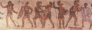 200 AD-Gladiators from the Zliten mosaic. The gladiators are (fromleft ...