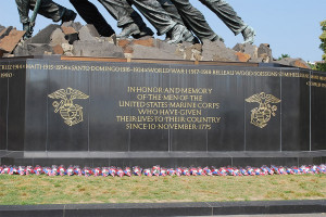 Side of Iwo Jima memorial statue displaying Eagle, Globe, and Anchors ...