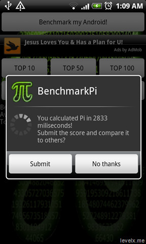 First of all BenchmarkPi, on Froyo it calculates Pi in 1132 ms as ...