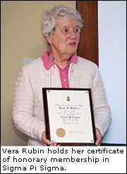 Vera Rubin holds her certificate of honorary membership in Sigma Pi ...
