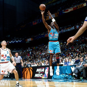 Michael Jordan wearing 'Columbia' Air Jordan XI 11 in the 1996 All ...