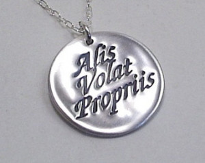 ... Round Fine Silver Latin Quote Necklace (She Flies with Her Own Wings