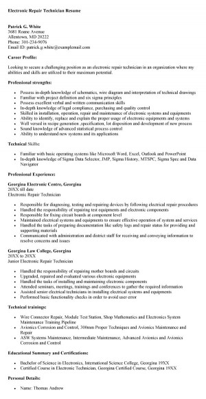 Electronic Technician Sandle Resume Resumes Cover Letters Jobs