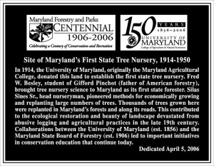 Plaque Dedicating the Site of Maryland's First State Tree Nursery ...