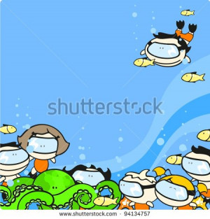 ... background with kids exploring exotic underwater world (raster
