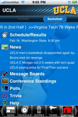 The UCLA Bruins College SuperFans app for iPhone also gives the user