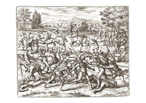 Die Soldaten von Hernan Cortes überfallen eine indianische Prozession ...
