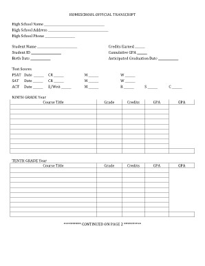 high school transcript form template