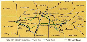 Approximate map of the Cherokees' Trail of Tears, 1838-1839