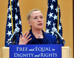 Secretary of State Hillary Clinton defends the rights of lesbian, gay ...