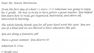 Sebastians Letter Thank You Quotes For Teachers From Parents