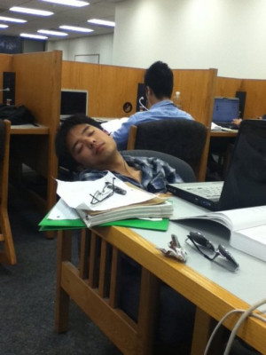 funny asian students sleep in the library and class03