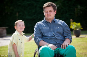 ... help five-year-old Brecon Vaughan (left) take his first unaided steps