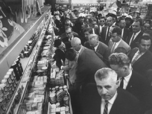 Soviet leader Nikita Khrushchev visits an American supermarket.