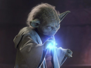 Grand Master Yoda absorbing Darth Tyranus' Force lightning .