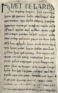 The first page of the only manuscript of Beowulf .
