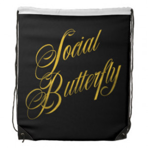 Social Butterfly Quote Faux Gold Foil Metallic Drawstring Backpack