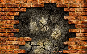 brick wall thats missing some bricks and you could see like a city or ...