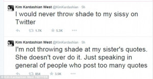No shade: Kim took to Twitter to deny she was talking about her sister ...