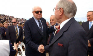 Gough Whitlam shaking hands with John Howard at Greek Independence Day ...