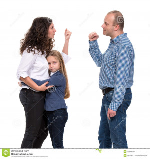 Sad looking girl with her fighting parents on a white background.
