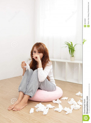 Sick Woman sneezing into Tissue. Flu. Woman Caught Cold. Headache ...