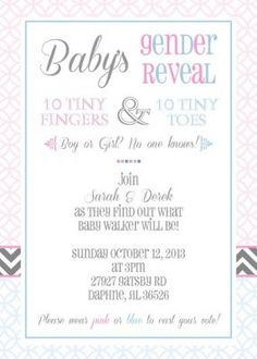 Adorable modern baby's gender reveal party invitation with gray ...