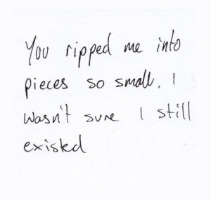 You ripped me into pieces so small. I wasnt sure I still existed