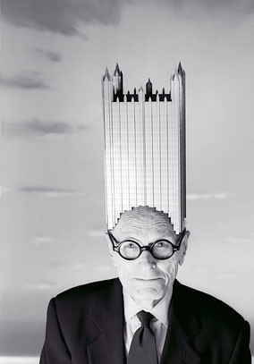 philip-johnson with building hat