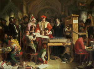 Edward IV, Elizabeth Woodville and family visit Caxton's workshop