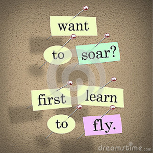 The saying Want to Soar, First Learn to Fly on pieces of paper pinned ...