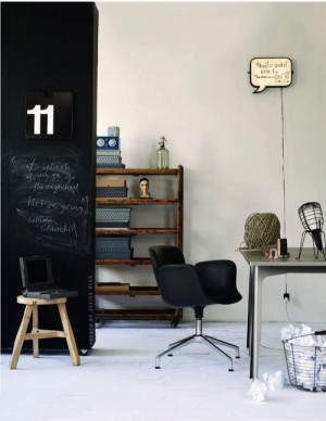 Chalkboard wall. Simple shelves. Quote bubble lightbox.