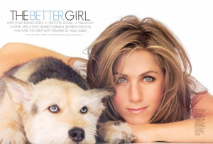Jennifer Aniston appears with her dog Norman in this month’s issue ...