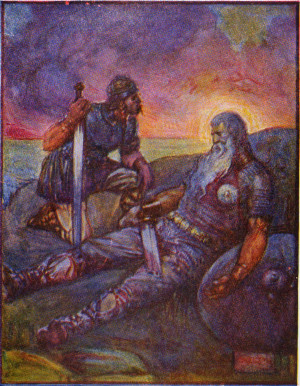Wiglaf and the dying Beowulf. 1909 illustration by J.R. Skelton.