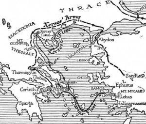 The Preprations of Xerxes map of the route of Xerxes army and navy