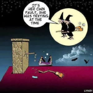 Funny witch accident texting while flying Halloween cartoon joke ...