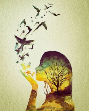 birds, drawing, girl, pastel, photo manipulation, picture, tree