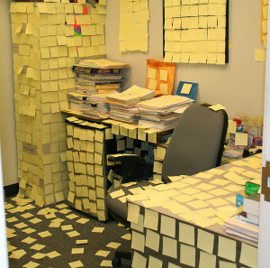 The first one, the well known post-it notes prank (by mathmandan ):