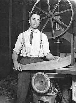 George Pocock working in ASUW Shellhouse, Seattle, ca. 1928