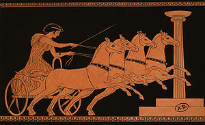 Young girl winning chariot race, engraving from red-figure Greek vase.
